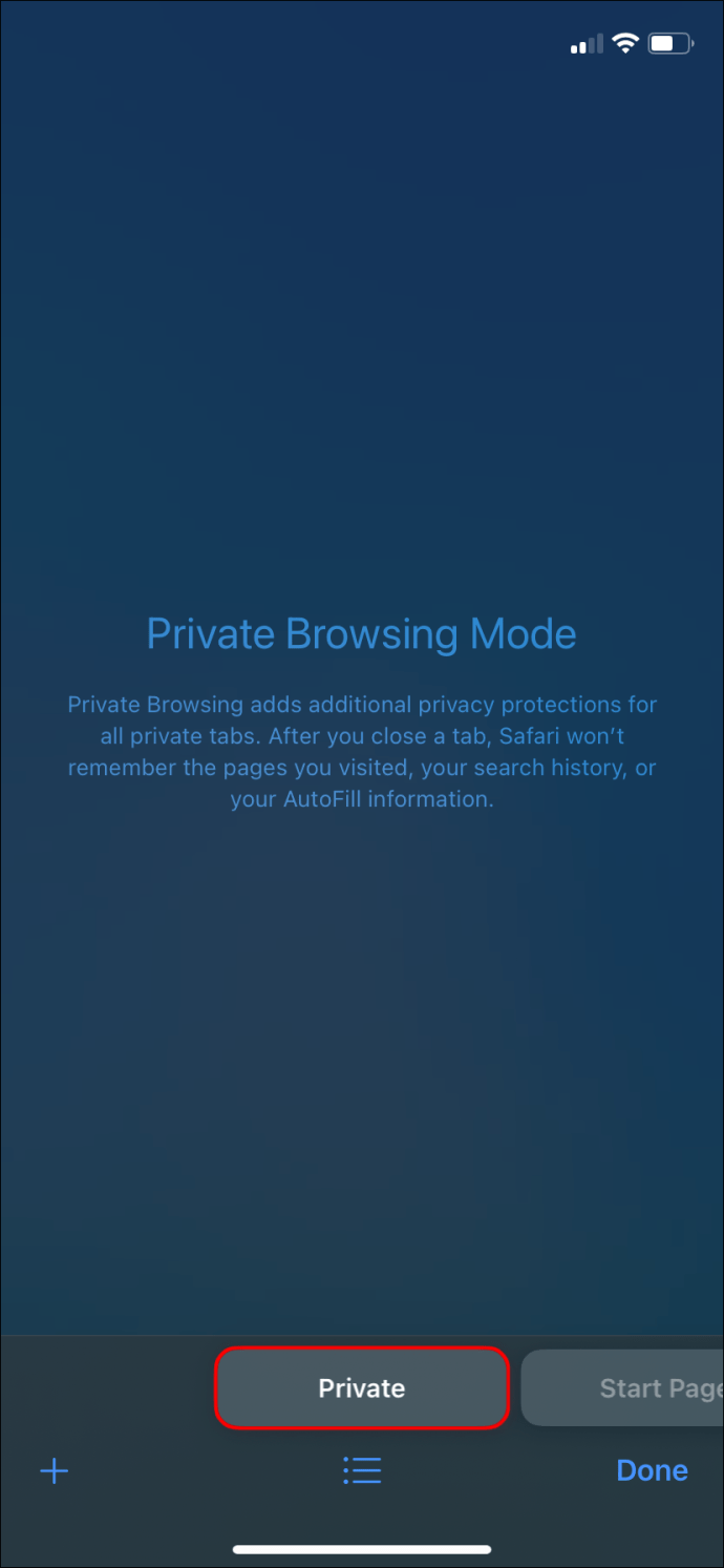 El botón Navegación privada en la aplicación móvil Safari.