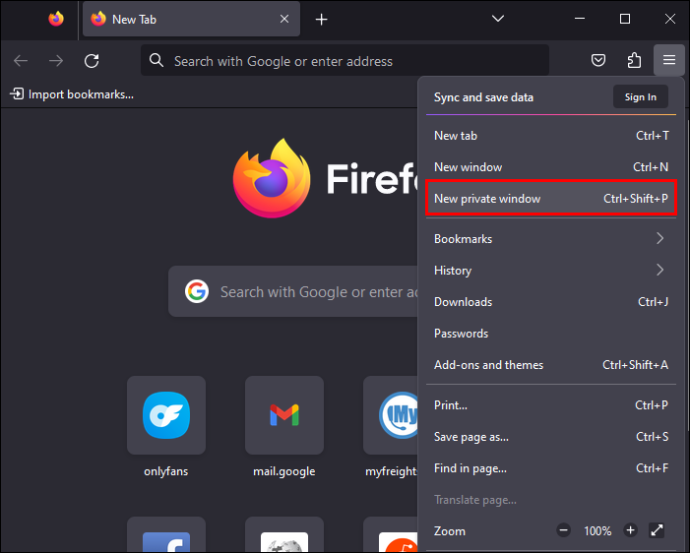 La opción Nueva ventana privada en Firefox en un navegador web.
