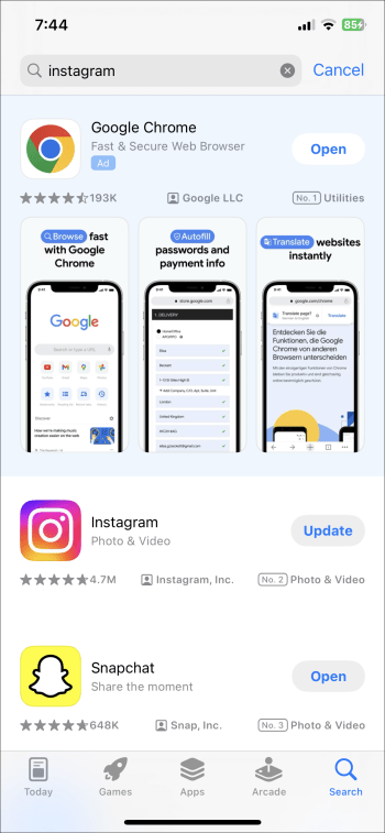 Actualizar la aplicación Instagram en iPhone