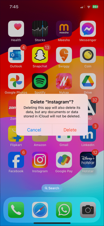 Desinstale la aplicación Instagram en iPhone