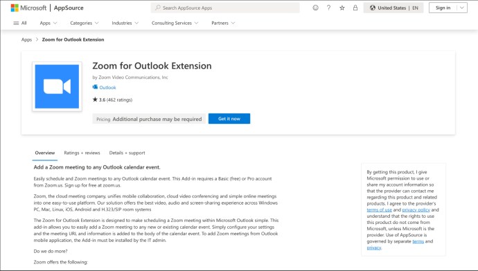Una vista previa de la página de extensión Zoom para Outlook en el sitio web de Microsoft AppSource.