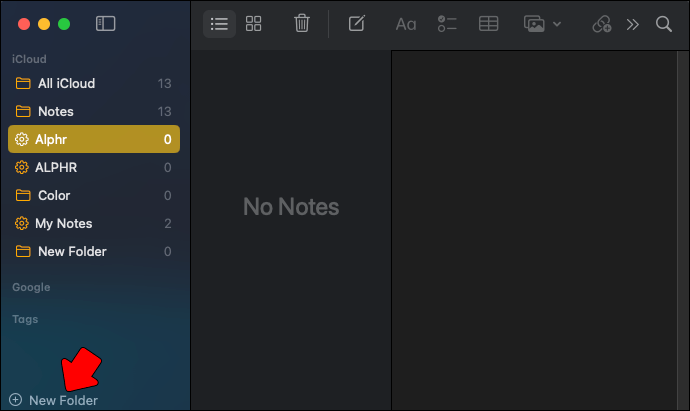 Aplicación de notas de MacOS;  crear nueva carpeta.