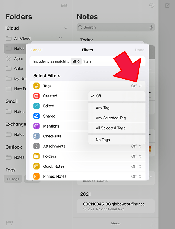 Aplicación de notas de iOS;  menú desplegable, etiquetas desactivadas.