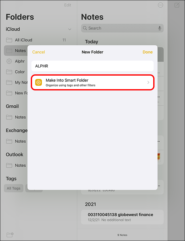 Aplicación de notas de iOS;  botón crear carpeta inteligente