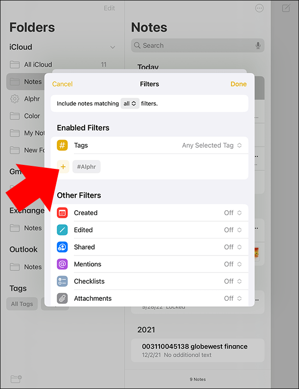 Aplicación de notas de iOS;  Botón Agregar etiquetas.
