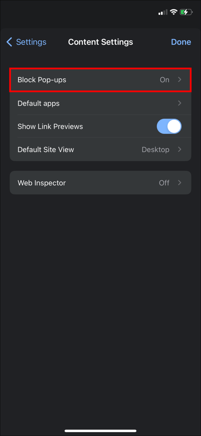 La opción Bloquear ventanas emergentes en la aplicación Google Chrome para iPhone.