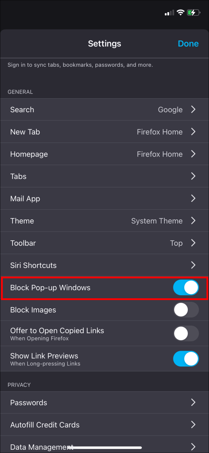 La opción Bloquear ventanas emergentes Aplicación Mozilla Firefox para iPhone.