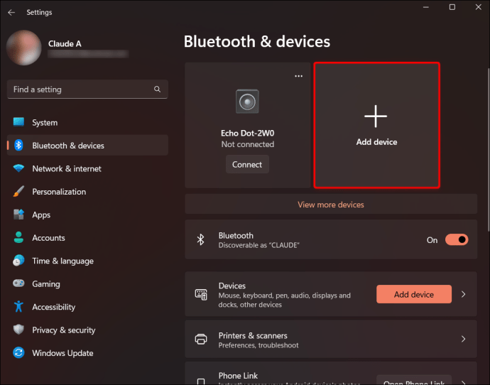 La opción Agregar dispositivo en la sección Bluetooth y dispositivos en una PC.